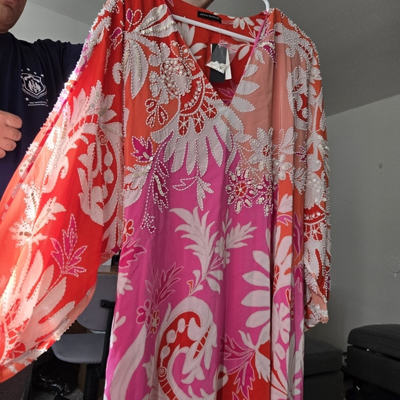 Josie Natori Mantilla Scroll Sequinned Floral Dress Orange Pink Size M/L - Picture 8 of 11